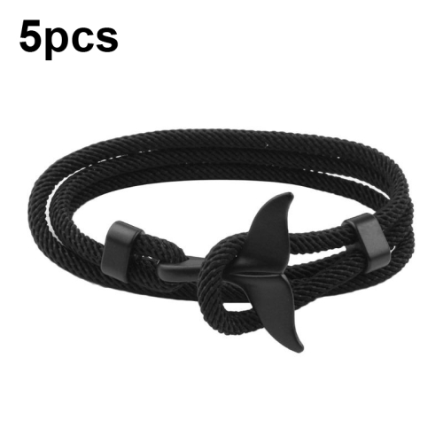 

5pcs Whale Tail Braided Hand Rope Double Live Buckle Adjustable Bracelet(Black)