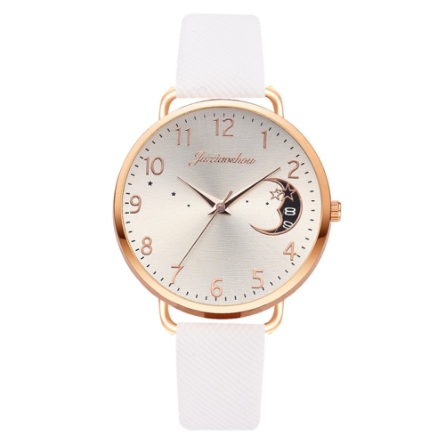 

Ladies Moon Pattern Dial PU Strap Quartz Watch, Color: White