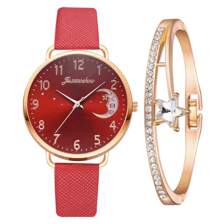

Ladies Moon Pattern Dial PU Strap Quartz Watch, Color: Red+Bracelet