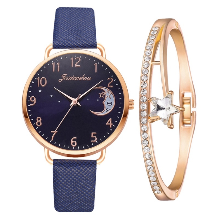 

Ladies Moon Pattern Dial PU Strap Quartz Watch, Color: Blue+Bracelet
