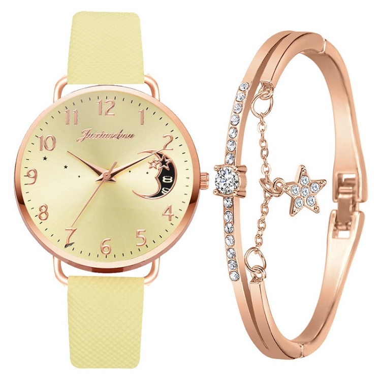 

Ladies Moon Pattern Dial PU Strap Quartz Watch, Color: Yellow+Bracelet