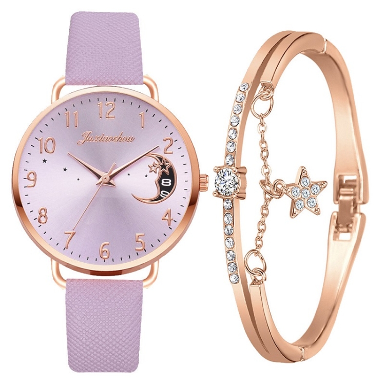 

Ladies Moon Pattern Dial PU Strap Quartz Watch, Color: Purple+Bracelet