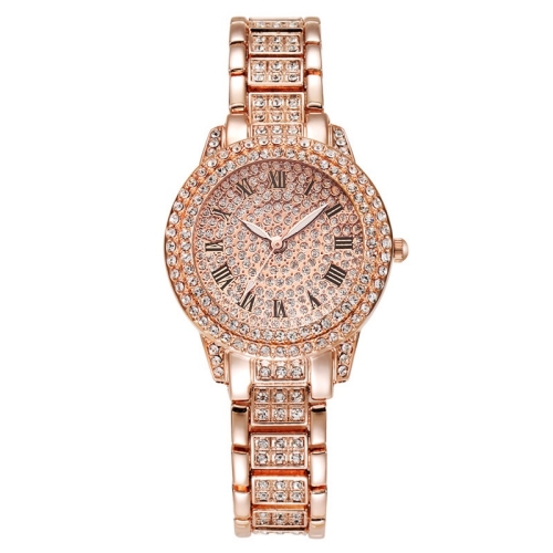 

Full Diamond Roman Literal Steel Strap Quartz Watch, Color: Rose Gold