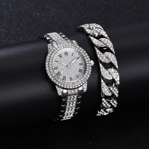 

Full Diamond Roman Literal Steel Strap Quartz Watch, Color: Silver+Bracelet