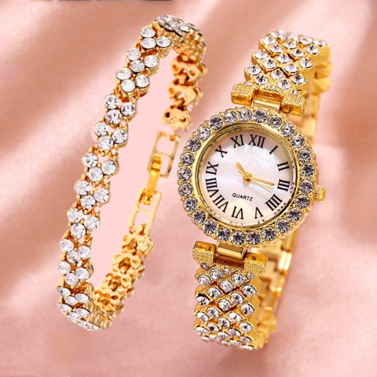 

Roman Pattern Diamond Ladies Quartz Watch, Color: Gold+Bracelet