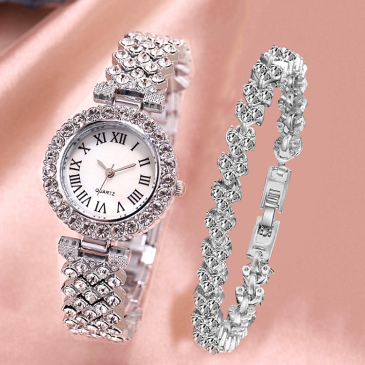 

Roman Pattern Diamond Ladies Quartz Watch, Color: Silver+Bracelet