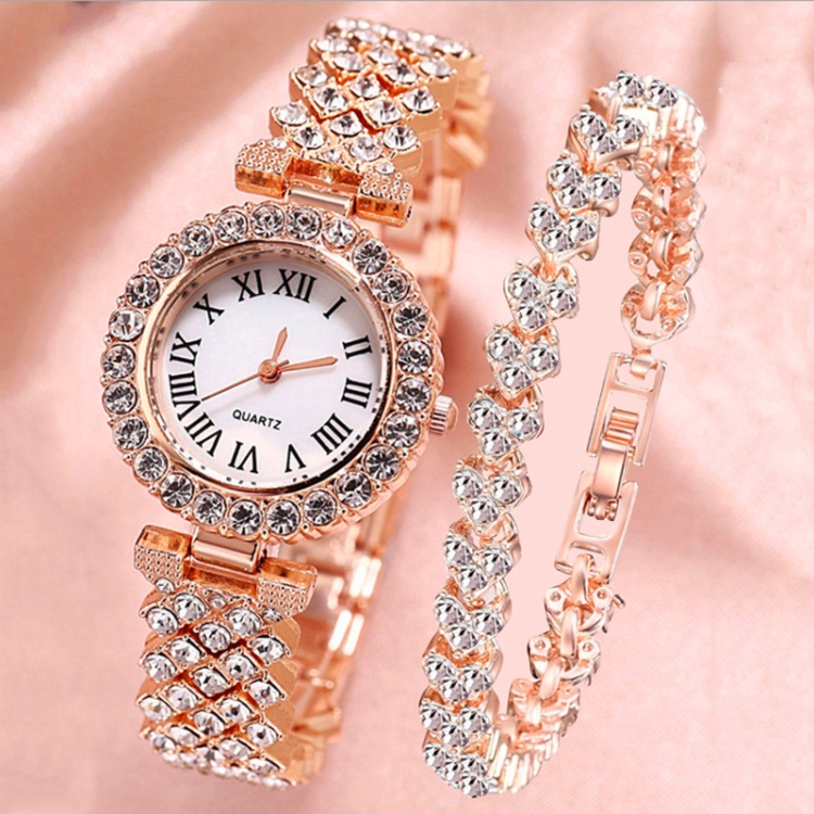 

Roman Pattern Diamond Ladies Quartz Watch, Color: Rose Gold+Bracelet