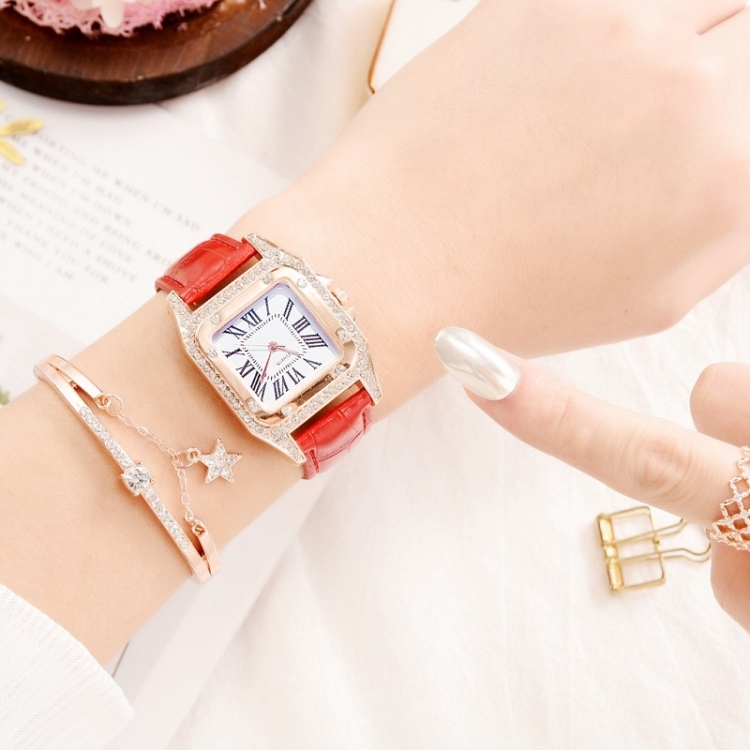 

Women Tonneau Square Strap Quartz Watch, Color: Red+Bracelet