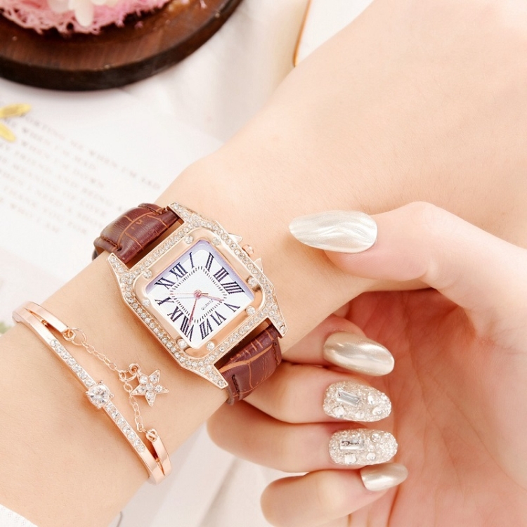 

Women Tonneau Square Strap Quartz Watch, Color: Brown+Bracelet