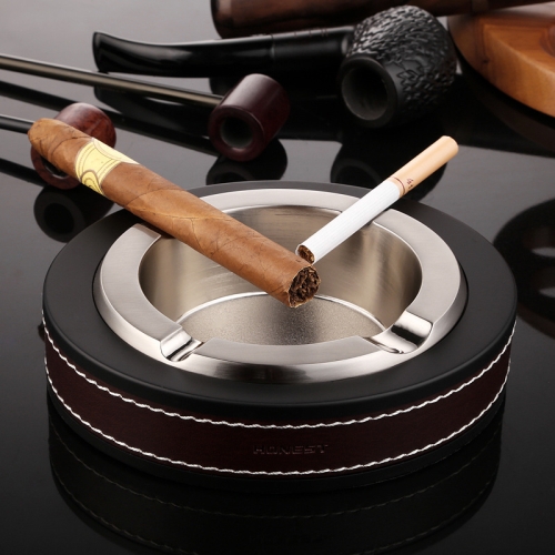 

HONEST Cigar Ashtray Metal Cowhide Leather Personalized Ashtray, Color: Silver