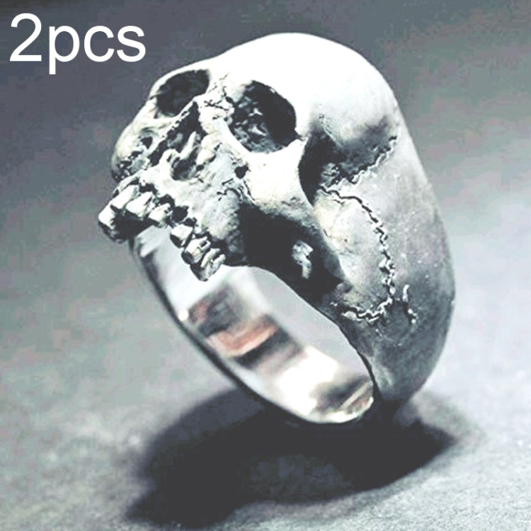 

C56213 2pcs Punk Vintage Skull Ring Horror Skull Ring Men Gift, Size: 8(Silver)