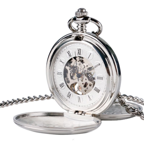 

pm240 Classic Double Open Double Face Vintage Manual Mechanical Pocket Watch with Roman Lettering(Silver Shell Silver Face Silver Movement)