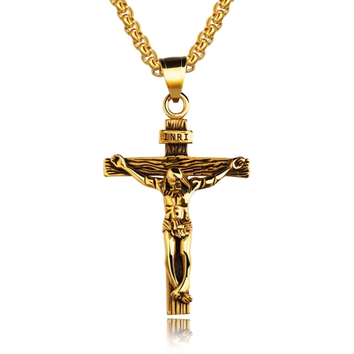 

OPK 810 Retro Cross Frame Titanium Steel Men Pendant Necklace, Color: Gold Black+3x55cm Pearl Chain