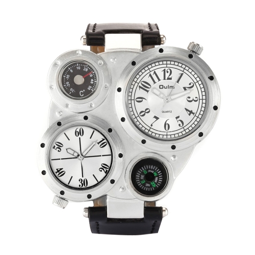 

Oulm 9415 Double Time Zone Men Belt Watch Big Dial Compass Quartz Watch(White)