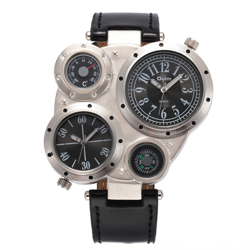 

Oulm 9415 Double Time Zone Men Belt Watch Big Dial Compass Quartz Watch(Black)