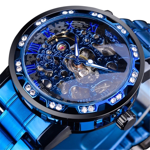 

Winner Leisure Skeleton Diamond Luminous Pointer Watch Men Manual Mechanical Watch(Blue Belt Black Shell Blue Face)