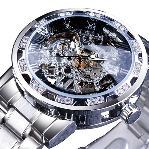 

Winner Leisure Skeleton Diamond Luminous Pointer Watch Men Manual Mechanical Watch(Silver Belt Silver Shell Black Face)