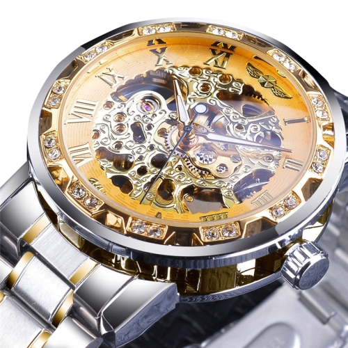 

Winner Leisure Skeleton Diamond Luminous Pointer Watch Men Manual Mechanical Watch(Silver Belt Silver Shell Gold Face)