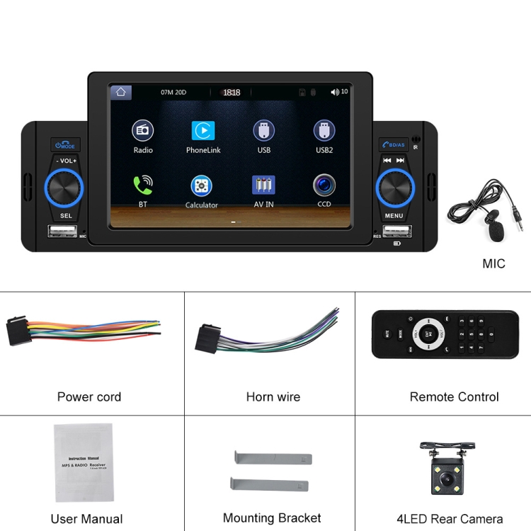 

A3107 5 inches Car MP5 Wired CarPlay Universal Bluetooth Player With Microphone, Style: Standard+ 4 Lights Camera