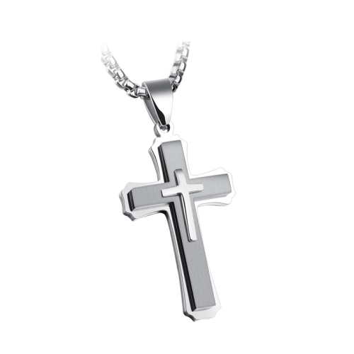 

1213 Three Layer Cross Necklace Titanium Steel Men Necklace, Color: Steel Color Pendant+3x55cm Pearl Chain