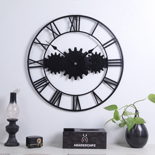 

60cm Vintage Iron Round Gear Wall Clock Silent Large Art Clock(Black+Black Needle)