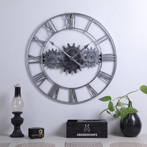 

60cm Vintage Iron Round Gear Wall Clock Silent Large Art Clock(Silver+Silver Needle)