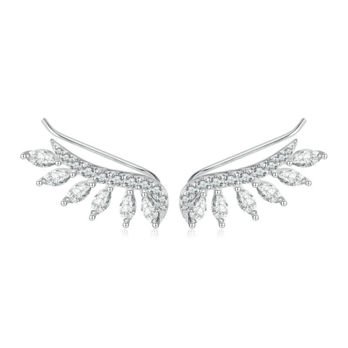 

BSE780 Sterling Silver S925 Sparkling Platinum Zircon Wing Feather Long Stud Earrings