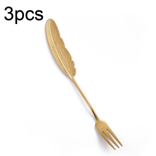 

304 Stainless Steel Feather Spoon Fork Literary Tableware,Style: 3pcs Fork-Titanium Gold