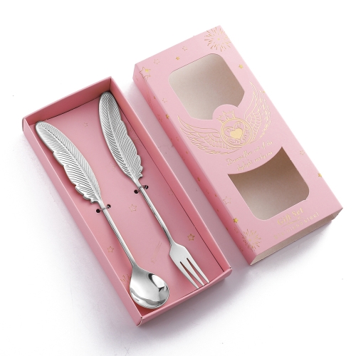 

304 Stainless Steel Feather Spoon Fork Literary Tableware,Style: 2 In 1 True Color -Pink Box