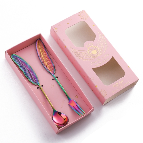 

304 Stainless Steel Feather Spoon Fork Literary Tableware,Style: 2 In 1 Dazzle-Pink Box