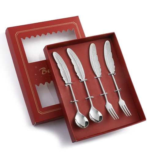 

304 Stainless Steel Feather Spoon Fork Literary Tableware,Style: 4 In 1 True Color -Red Box