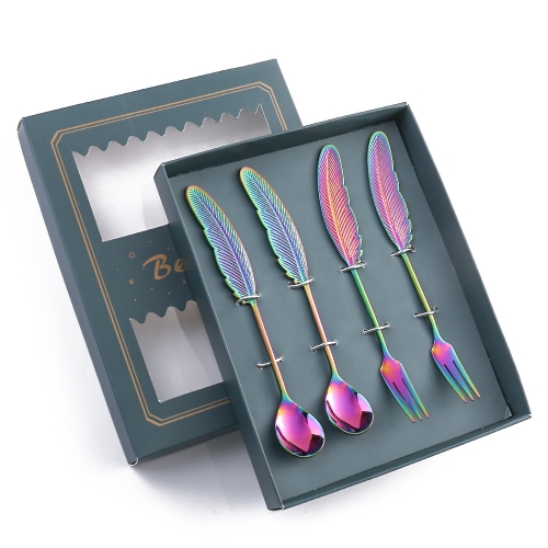 

304 Stainless Steel Feather Spoon Fork Literary Tableware,Style: 4 In 1 Dazzle-Green Box