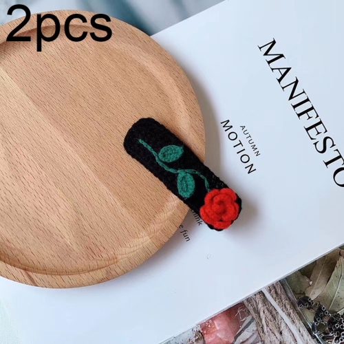 

B316 2pcs Cute Woolen Knitting Hairpin Sweet and Versatile Handmade Side Clip, Color: Black Rose