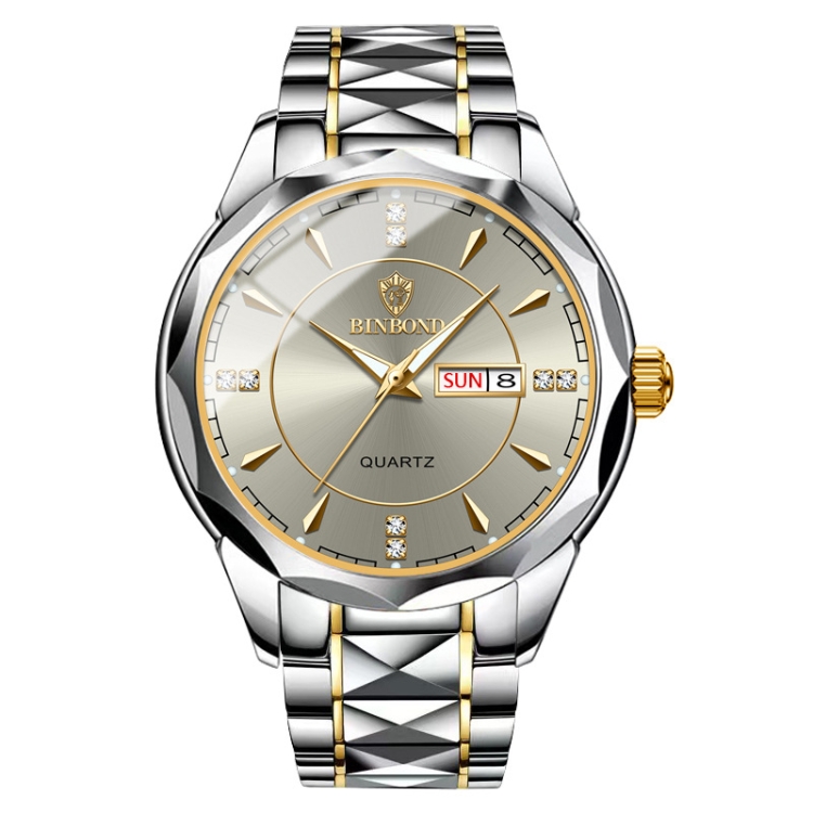 

BINBOND B5552 Luminous Multifunctional Business Calendar Quartz Watch(Inter-gold-Gray)
