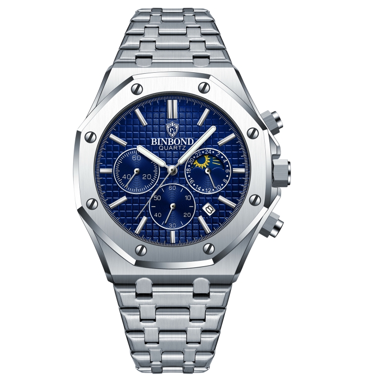 

BINBOND B0161 Multifunctional Luminous Waterproof Business Quartz Watch, Color: White Steel-Blue