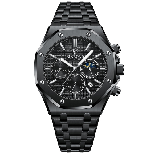 BINBOND B0161 Multifunctional Luminous Waterproof Business Quartz Watch, Color: Black Steel-Black