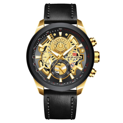

VAVA VOOM 2311P-JH1 Black Gold Shell Belt Men Waterproof Sports Luminous Calendar Casual Quartz Hollow Watch