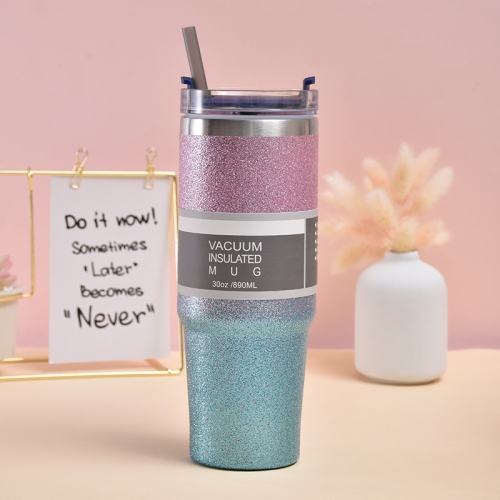 

20oz Glitter Insulation Coffee Cup Double Layer Ice Cup Stainless Steel Car Cup With Straw(Pink Blue)