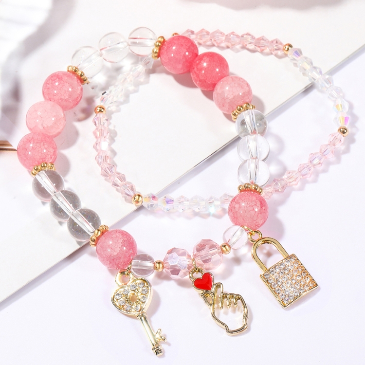 

S2203-7 Pink+Key Crystal Beaded Bracelet Ladies Natural Crystal Bracelet