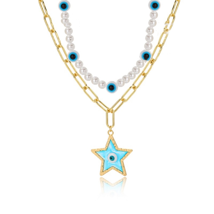 

Angel Eyes Pendant Layered Necklace, Model: N2210-2 Double-layer Pentagon Pendant