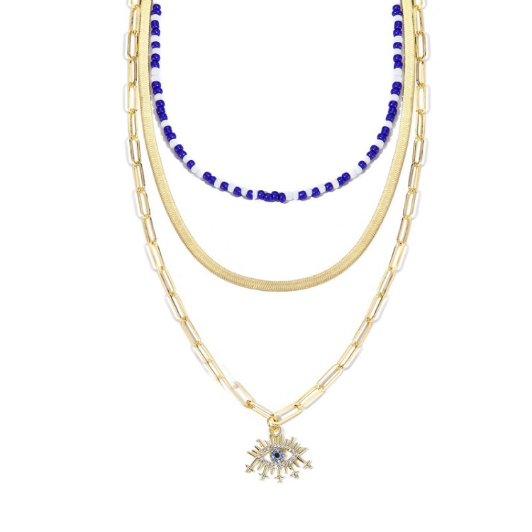 

Angel Eyes Pendant Layered Necklace, Model: N2210-6 Rice Bead Snake Chain 3 Layer