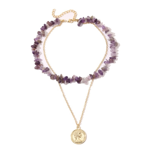 

Boho Colorful Broken Natural Stone Necklace, Model: N2107-5 Purple Stone Double Layer