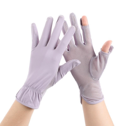 1pair Summer Sunscreen Breathable Thin Anti-ultraviolet Finger Fishing Ice  Silk Gloves Free Size(Clove Purple)
