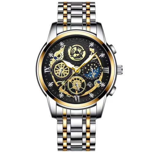 BINBOND 4010 Multifunctional Waterproof Hollowed Luminous Quartz Watch(Inter-gold Black Surface)