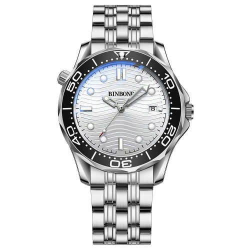 White Steel White Surface BINBOND B2820 Luminous 30m Waterproof Men Sports Quartz Watch