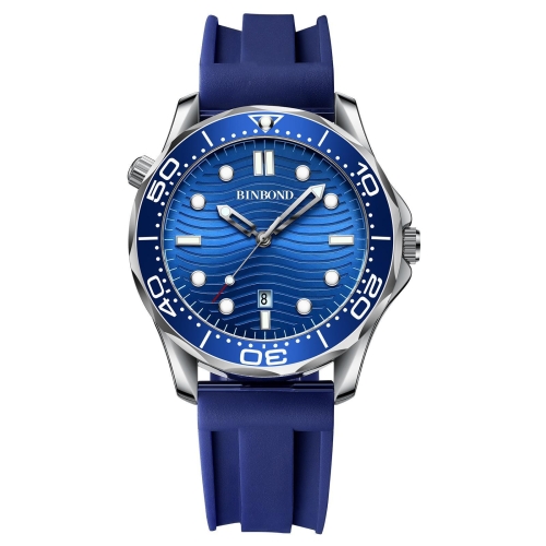 Blue Silicon White Steel Blue BINBOND B2820 Luminous 30m Waterproof Men Sports Quartz Watch