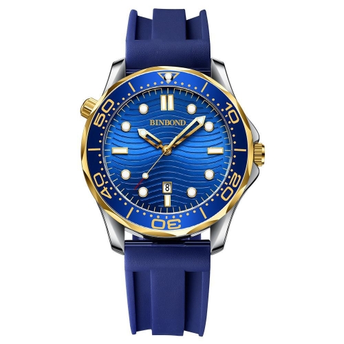 Blue Silicon Inter-gold Blue BINBOND B2820 Luminous 30m Waterproof Men Sports Quartz Watch