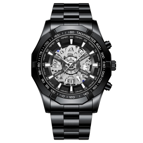 BINBOND S033 Hollowed Mechanical 30m Waterproof Luminous Quartz Watch, Color: Black Steel-Black-White