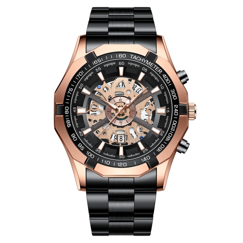 

BINBOND S033 Hollowed Mechanical 30m Waterproof Luminous Quartz Watch, Color: Black Steel-Rose Gold-Black