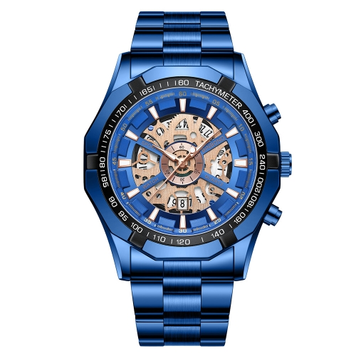 BINBOND S033 Hollowed Mechanical 30m Waterproof Luminous Quartz Watch, Color: Blue Steel-Blue